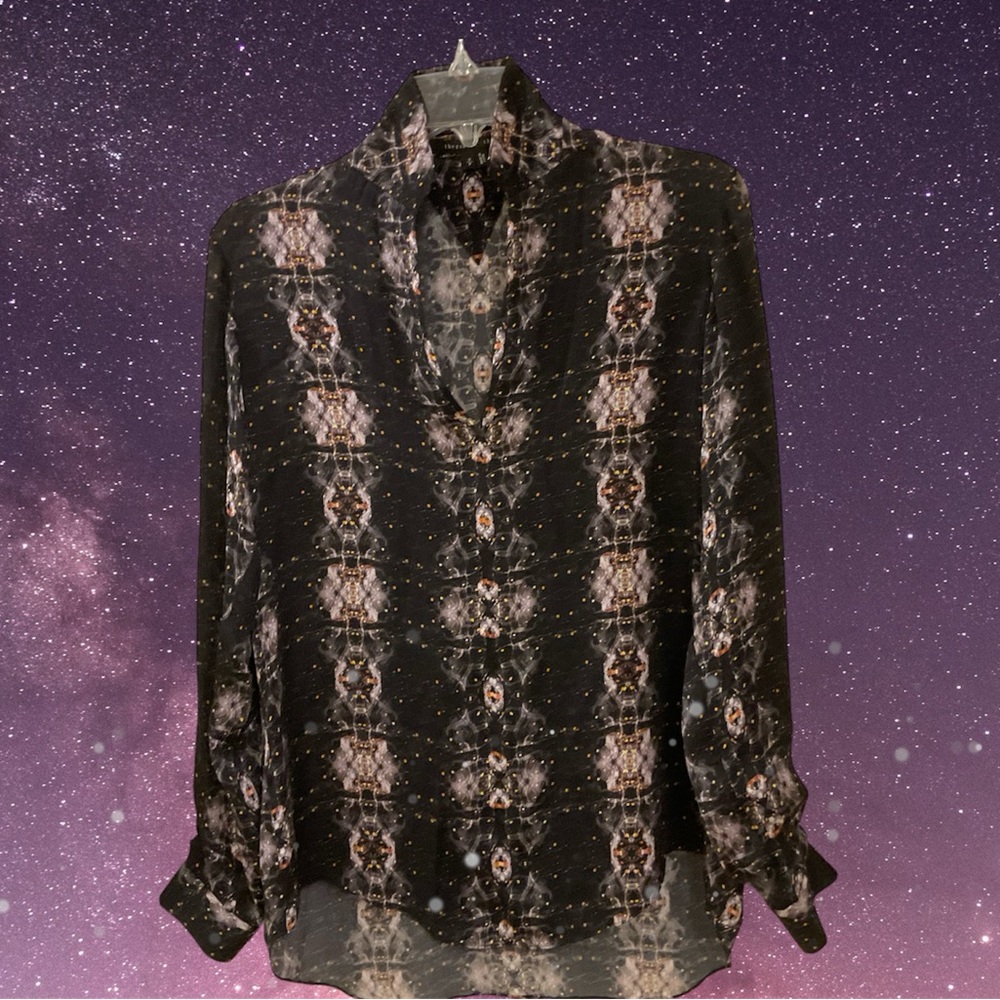 Theyshen’s Theory Beasy Printed Long Sleeve Silk Tunic Blouse, Split Neck, Sz S